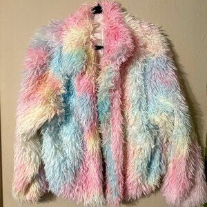 Rainbow Pastel Faux Fur Coat – Fluffy Shaggy Jacket Y2K Festival Vibes